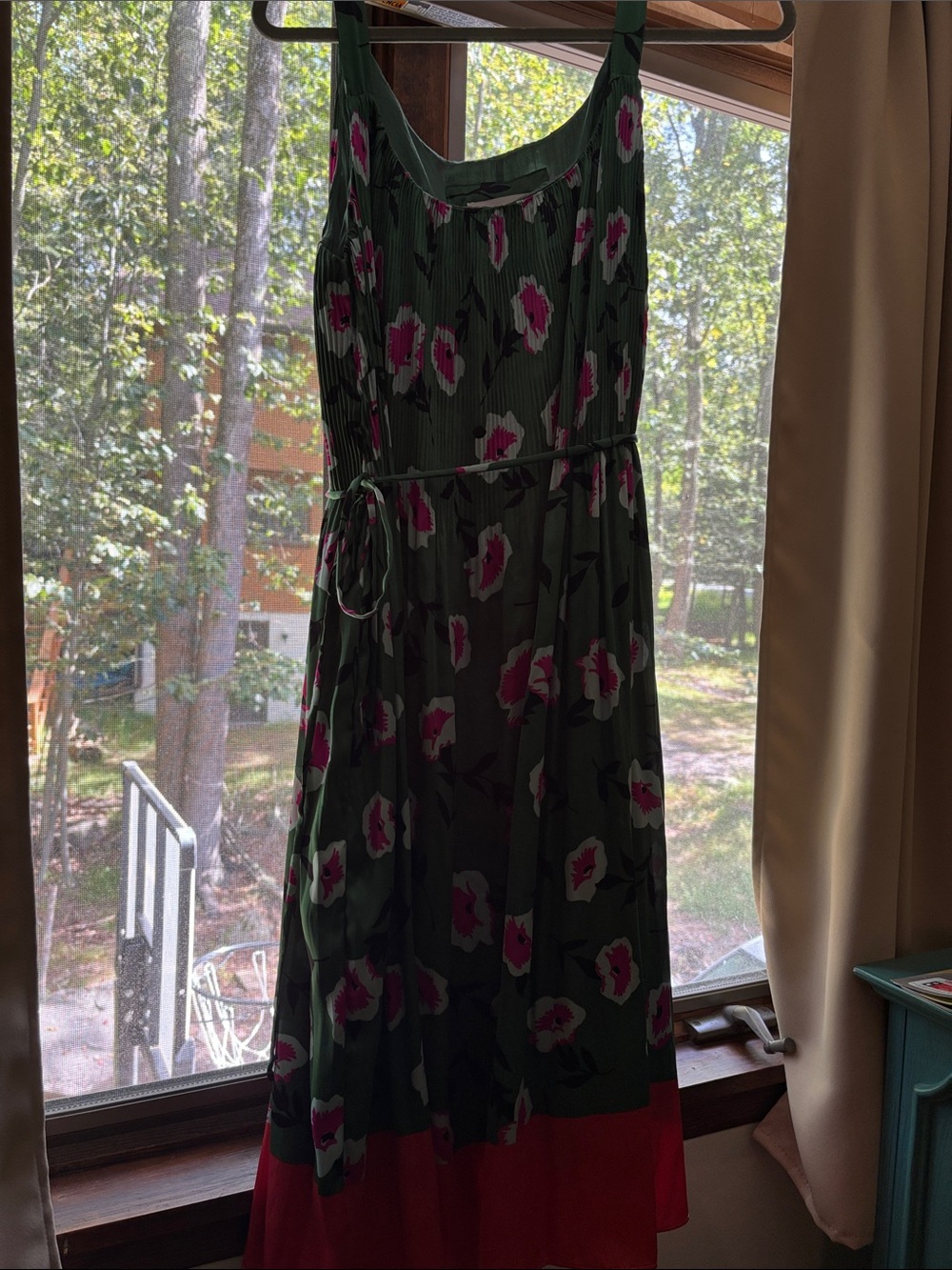 Women’s Green Floral Maxi Dress with Pink Accents